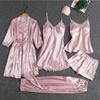 Set Pigiama in Seta da Donna a 5 Pezzi con Reggiseno Imbottito, Camicia da Notte Sexy, Vestaglia a Maniche Lunghe e Abbigliamento da Casa