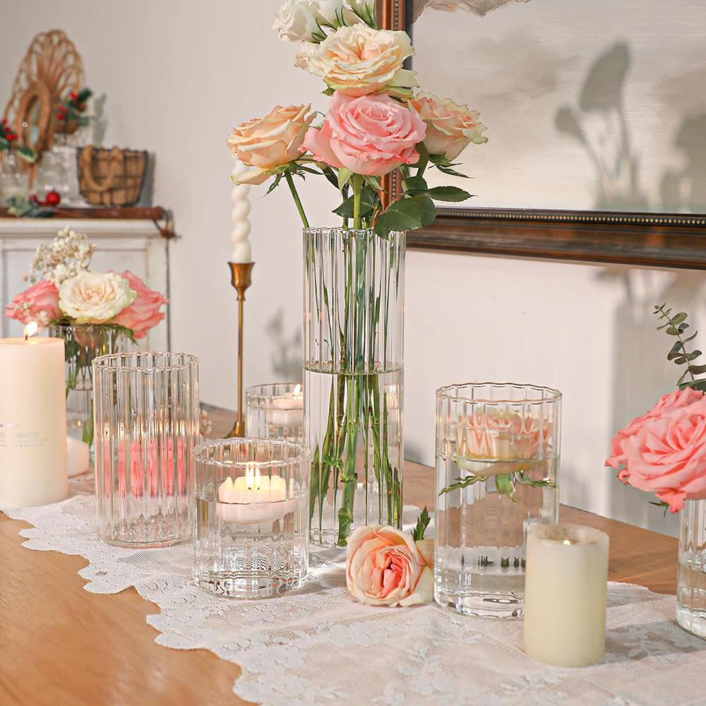 Glass Cylinder Vases Clear Ribbed Bud Vases for Centerpieces Weeding Decoration, 4 inch 6 Inch 10 Inch Tall Clear Flower Vases