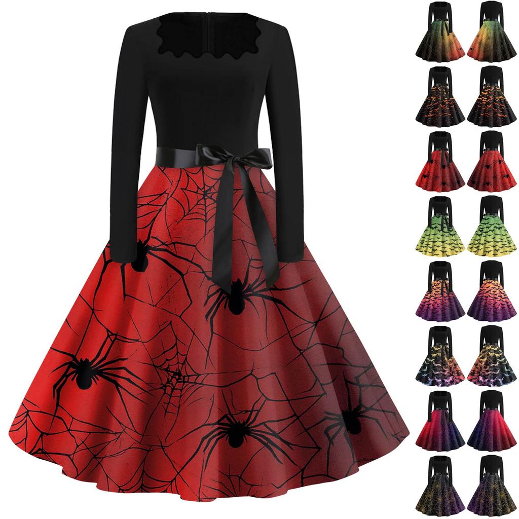 Women's Fashion Square Neck Casual Slim Halloween Printed Long Sleeve Dresses