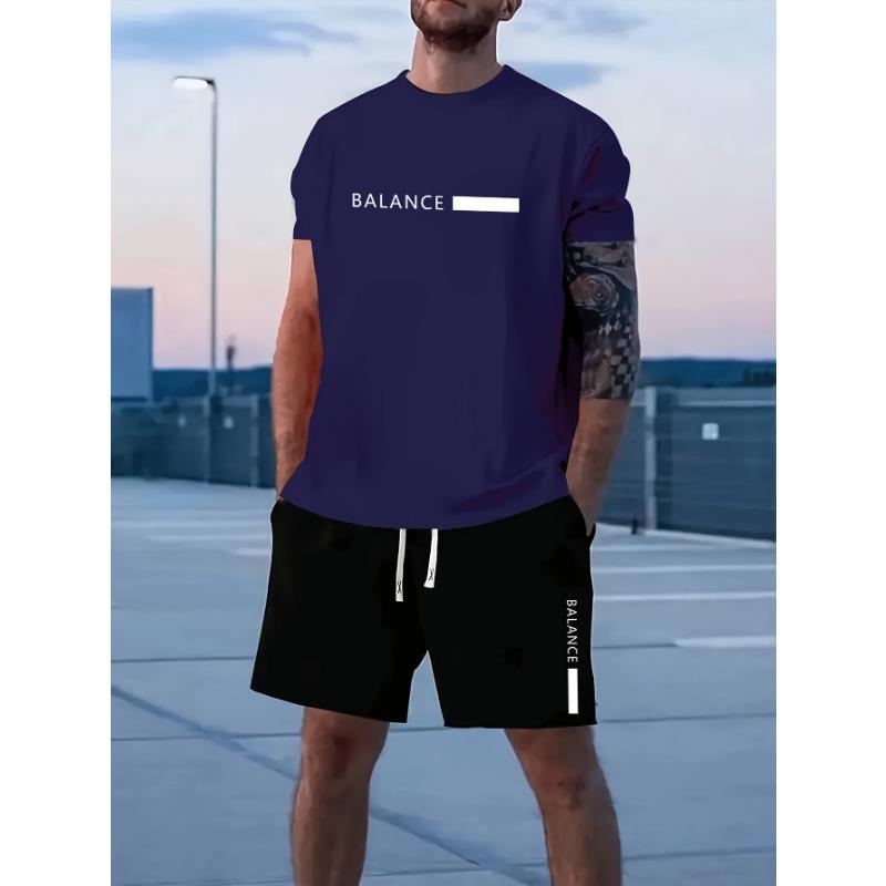 Casual Men's Set Summer Apparel Color-Blocked Short-Sleeve Top Relaxed Drawstring Shorts Stylish Streetwear Ensemble