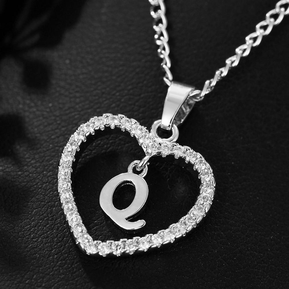 Heart Pendant Zircon Letter Necklace - 26 Letters Available