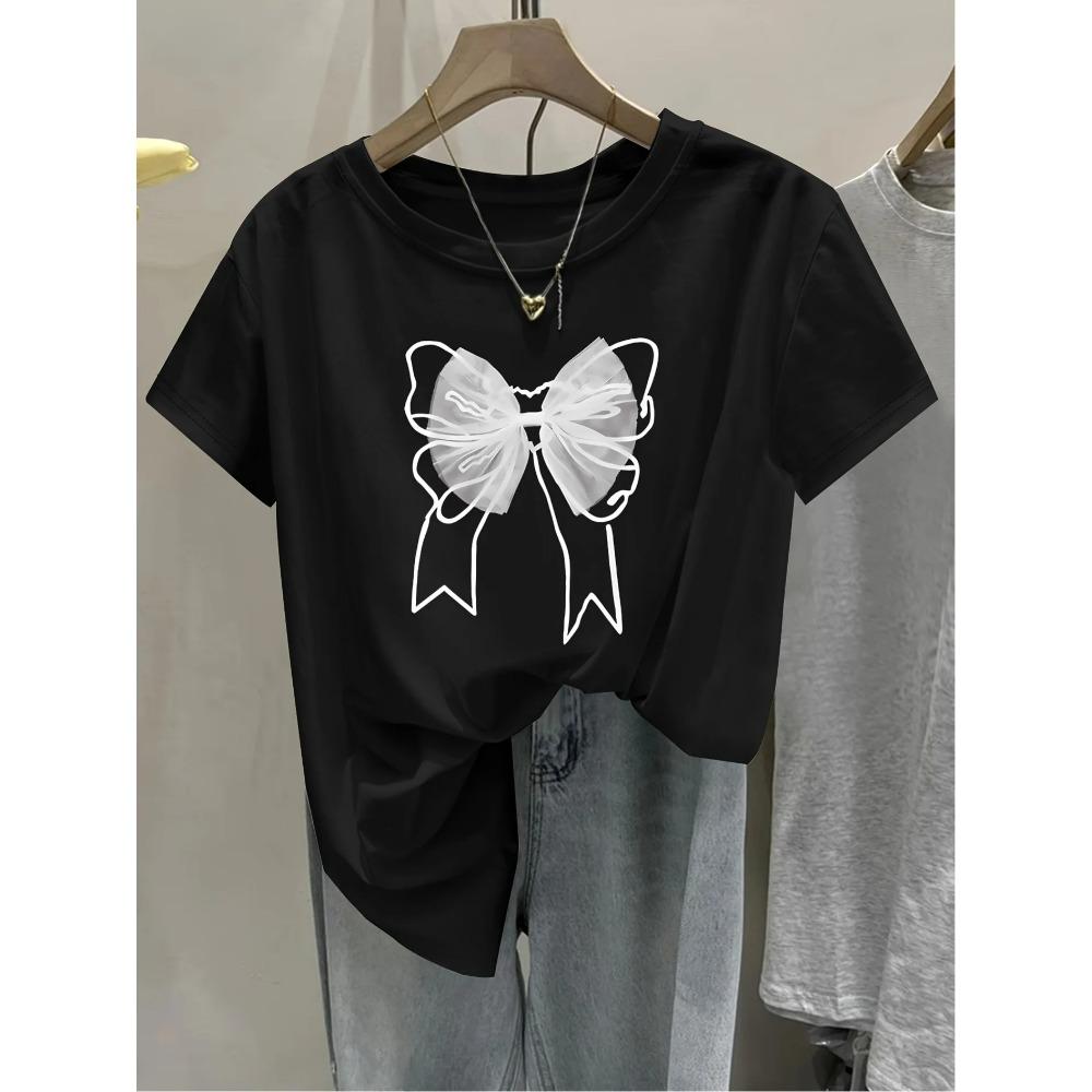 WoUnisex Black and White Geometric Pattern Bow Print Casual TShirt Summer Short Sleeved Harajuku Streetwear Tops Tees