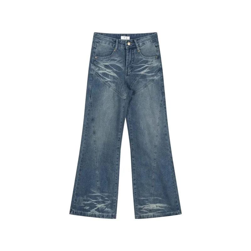 Women's Vintage Washed Wide Leg Jeans High Waist Loose-fit Distressed Denim Pants