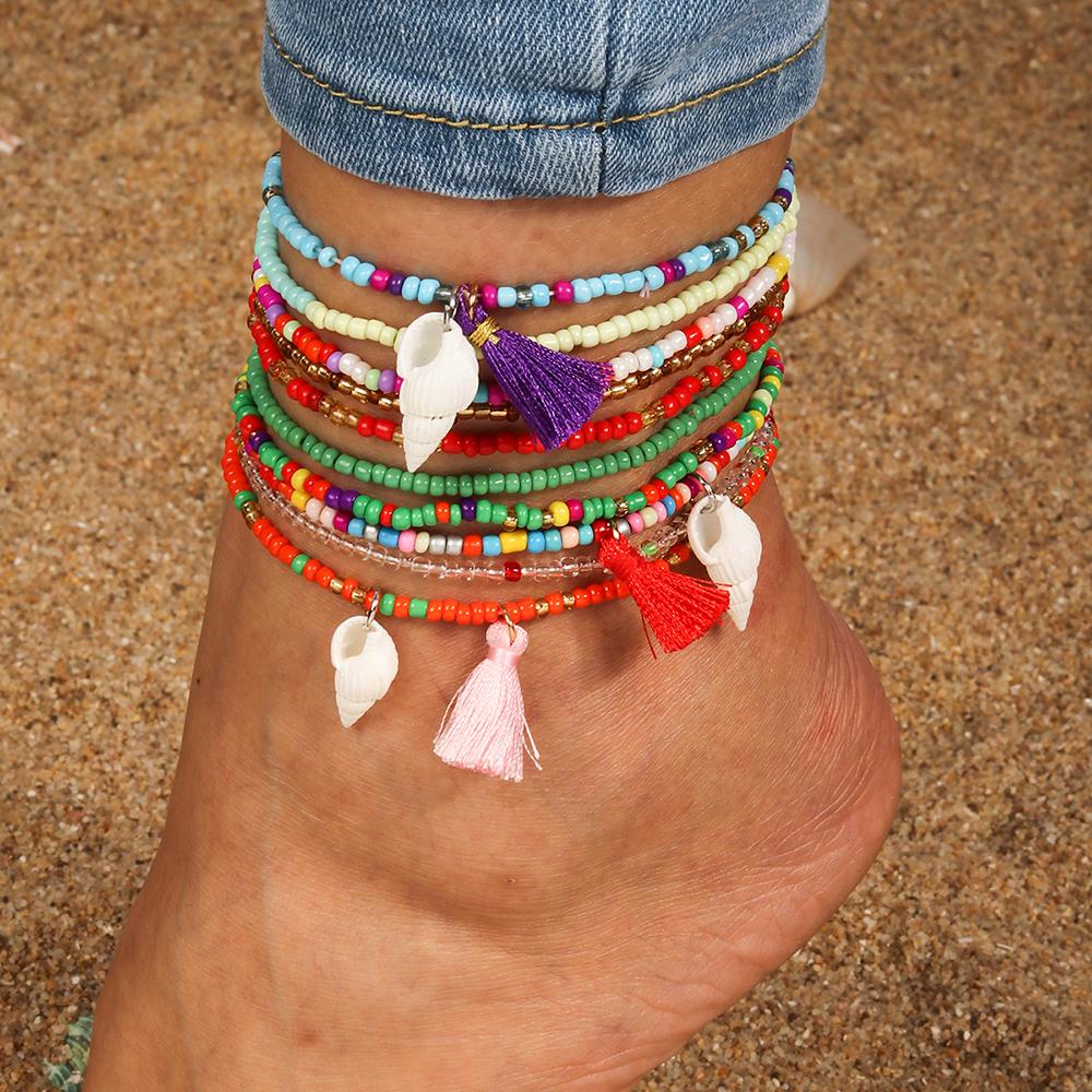 10Pcs Bohemian Handmade Colorful Beads Anklets for Women Girls Beaded Starfish Ankle Bracelet Summer Beach Jewelry Gifts