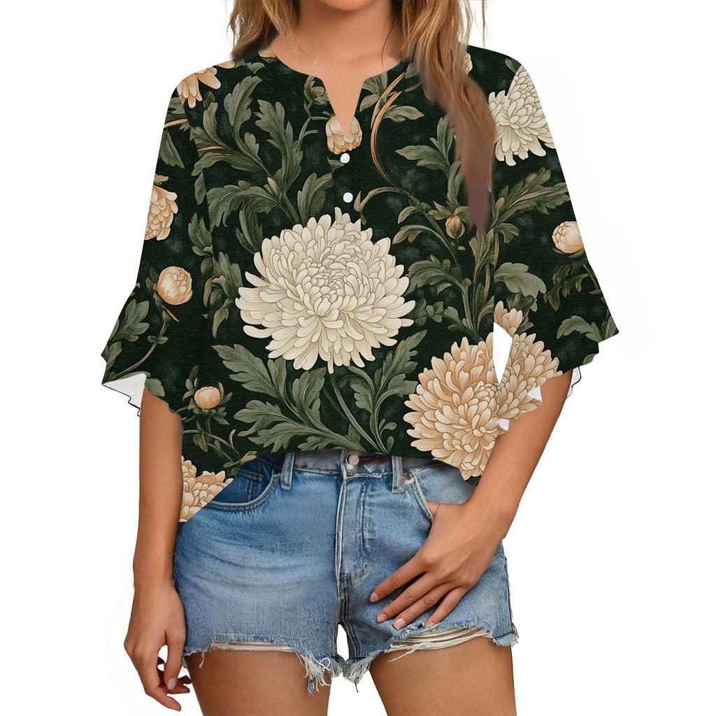 Letnie damskie topy z dekoltem w serek i rękawem trzy czwarte, koszule w stylu vintage z kwiatowym nadrukiem, codzienne koszule