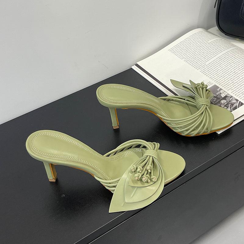 Fashion Green Footwear Butterfly-Knot Women Heels Slides Shoes Female Slippers Fashion Round Toe Ladies High Heels Sandals Shoes Pumps