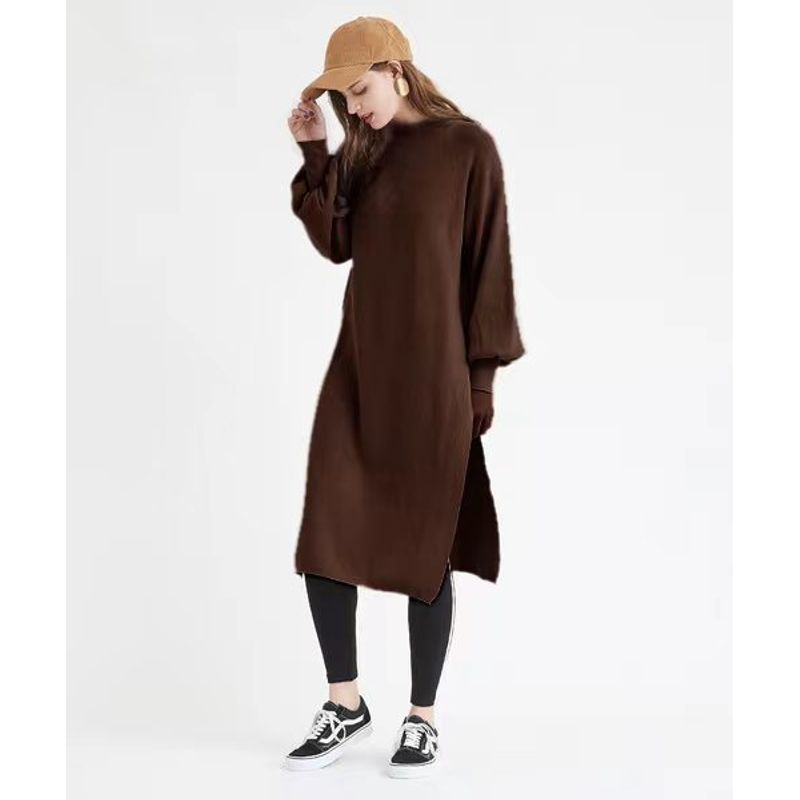 

Sunshine House Autumn and Winter New Arrival Export Japanese Single Women s round Neck Long Sleeves Knitting Dress Sweater Slit Skirt Brown Bust size 102-108