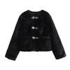 Two-Tone Snap Button Fleece Loose Fit Round Neck Cotton Blend Jacket Womens Casual Fall Top