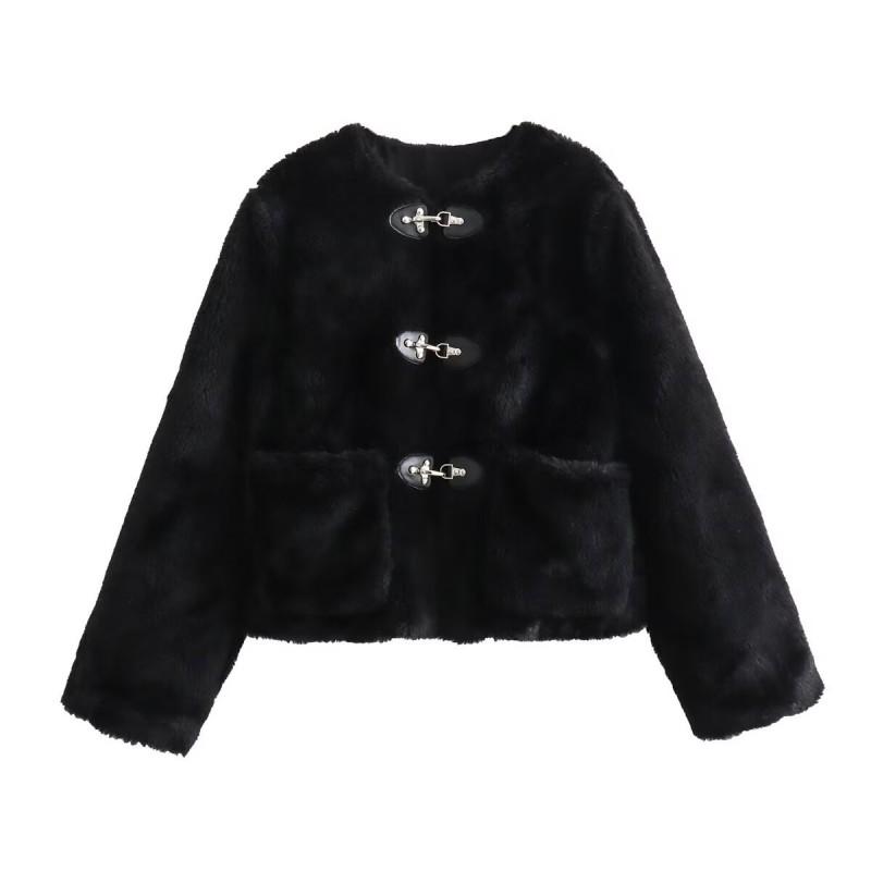 Two-Tone Snap Button Fleece Loose Fit Round Neck Cotton Blend Jacket Womens Casual Fall Top
