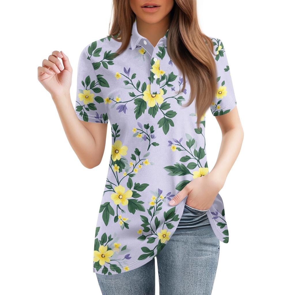 Damenmode Lässiges Revers Kurzarm-Print-Shirt Damen-Tops mit Knopfleiste