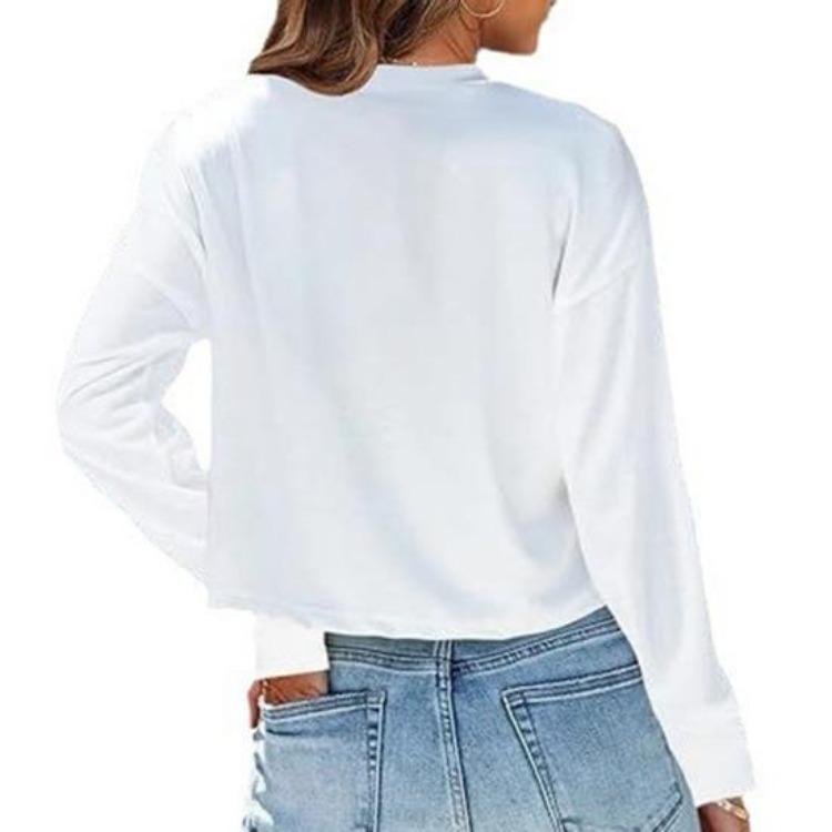 Casual Daily Wear Women Cropped Tops Loose Fit Solid Color Pullover Round Neck Long Sleeves Tops