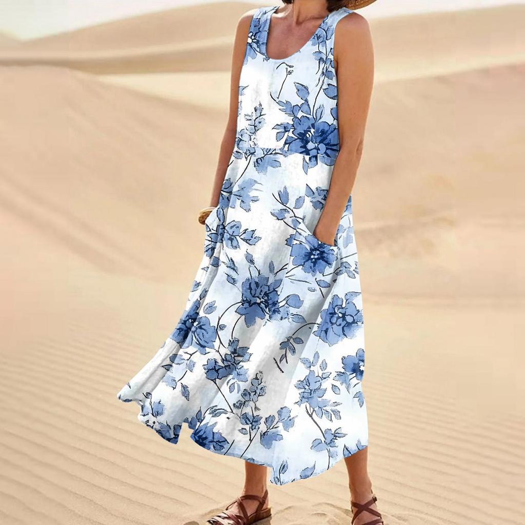 Women's Casual Fashion Flower Printed Sleeveless Pocket Dress