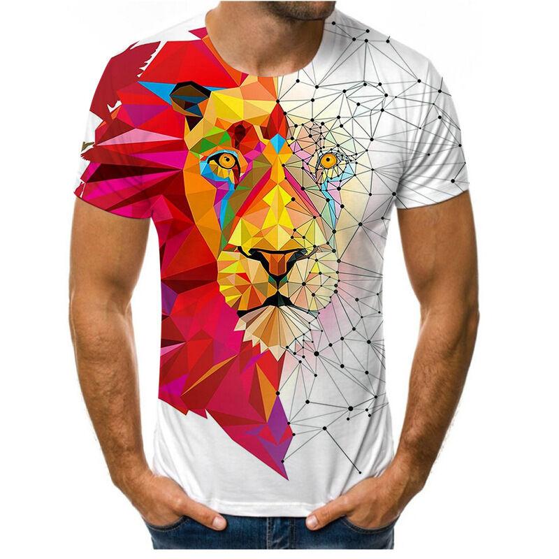 Summer New Style 3D Digital Print round Neck Short Sleeve T-Shirt Lion Tiger Pattern Men's Casual Top Quality Polyester V-Neck