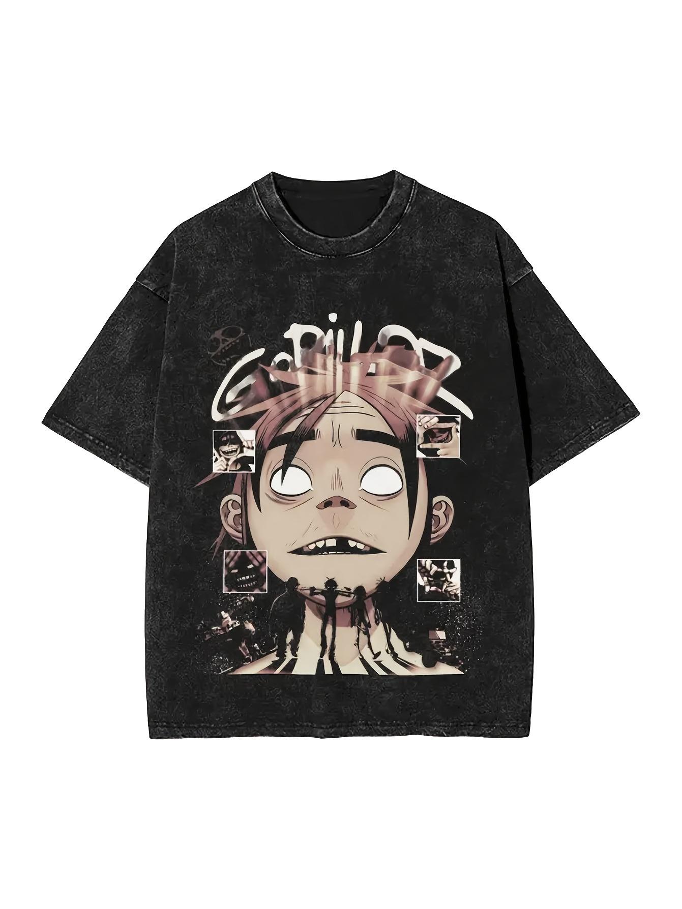 

Мужская черная стираная футболка с принтом мультфильма Gorillaz, 100% хлопок, оверсайз, короткий рукав L чёрный