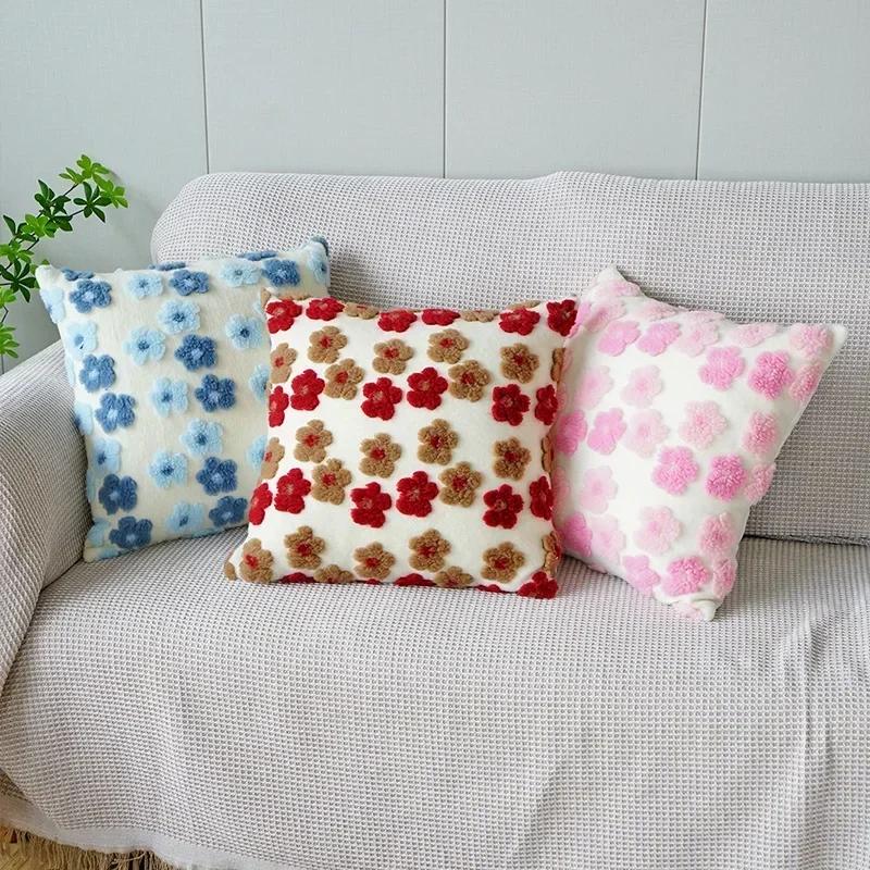 Three-dimensional Flowers Square Pillow Cover Imitation Lambswool Cushion Cover Jacquard Sofa Pillow Case Bedside Cushion Cover