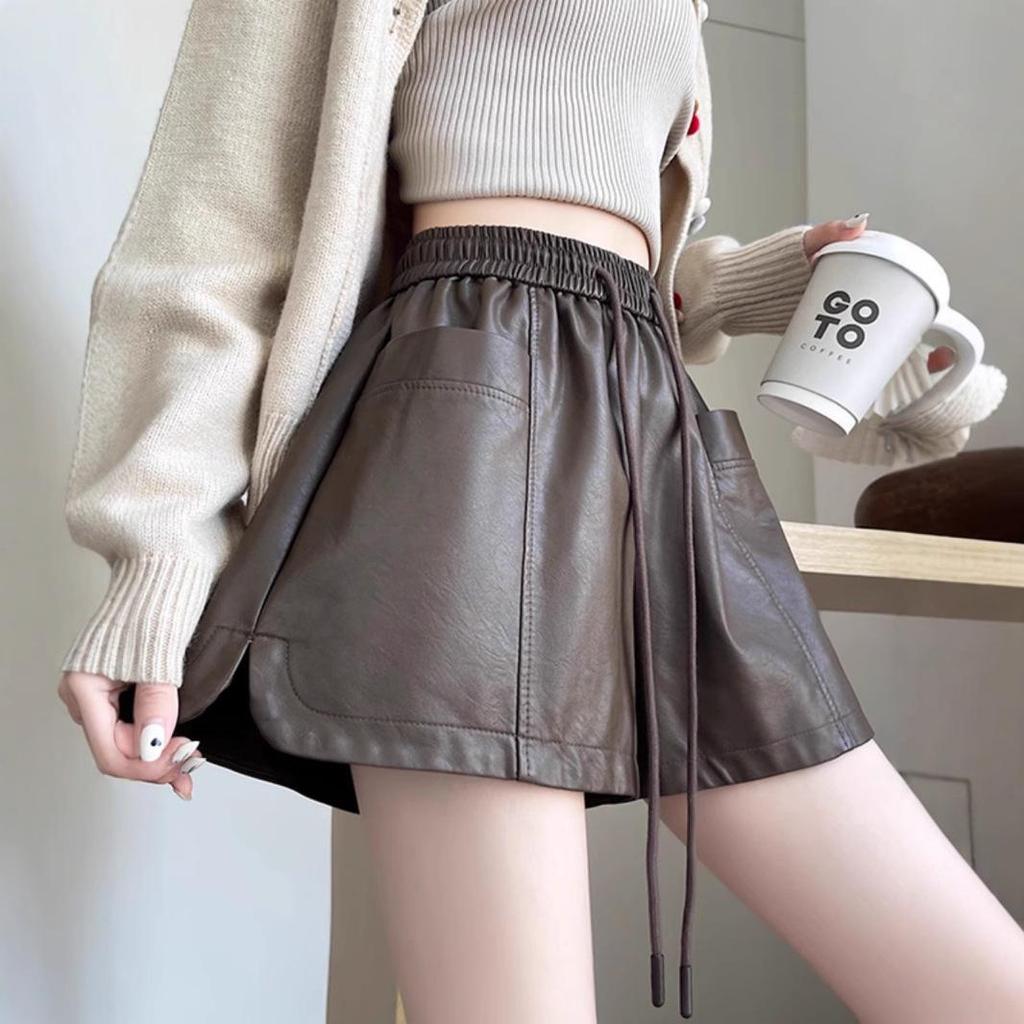 Women's High-Waist Khaki PU Leather Shorts, Autumn/Winter 2024, European Style, Casual A-Line Boot Pants by Melaard