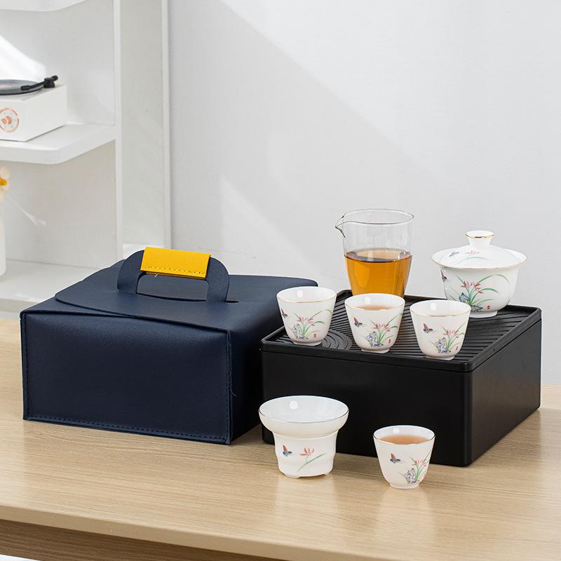 Ceramic mutton fat jade travel tea set set, commercial bank company event Mid-Autumn Festival gift, high-white clay ceramics