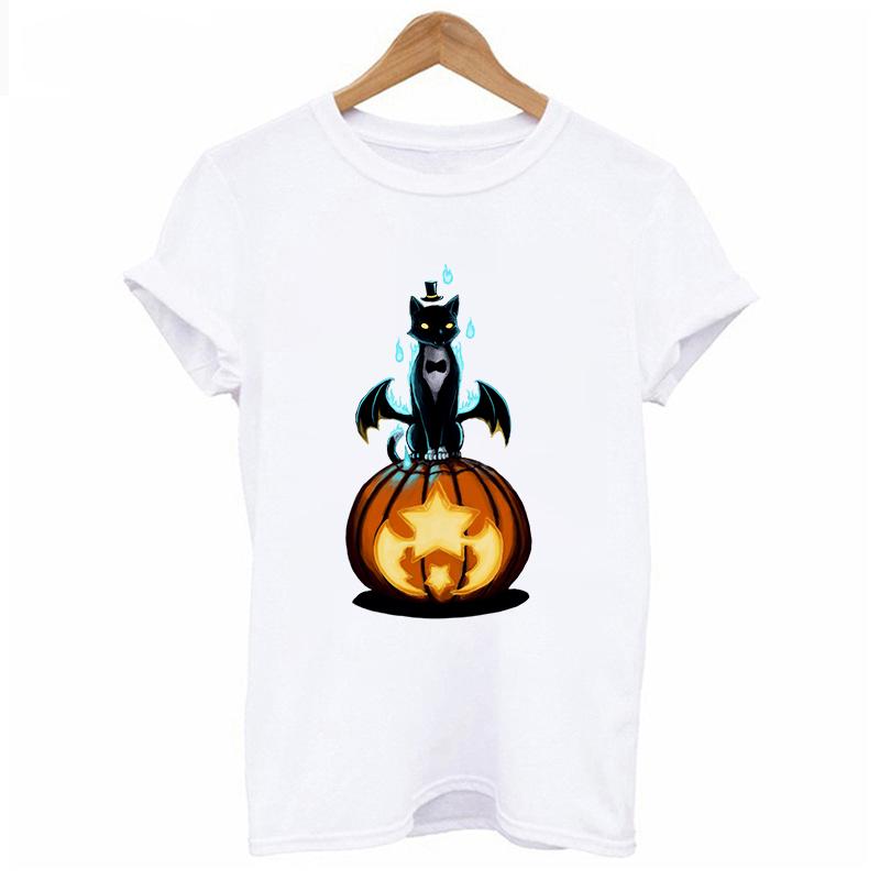 Halloween Cat And Pumpkin T Shirt Women Fashion Harajuku Short Sleeve T Shirt White 2XL