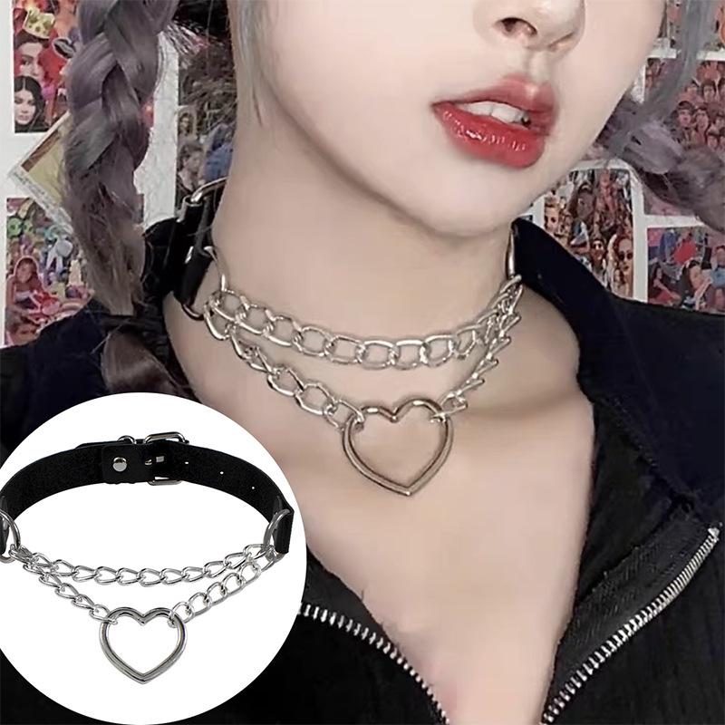 European & American Retro Heart Pendant Leather Choker Necklace - Peach Heart Shape Chain Jewelry