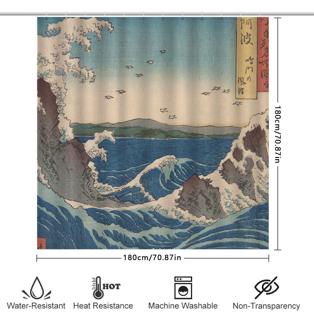 Ocean Wave Shower Curtain – Japanese Art Print Decor For Bathrooms Soft Fabric Material Waterproof Bathroom Accessories Blue Wat