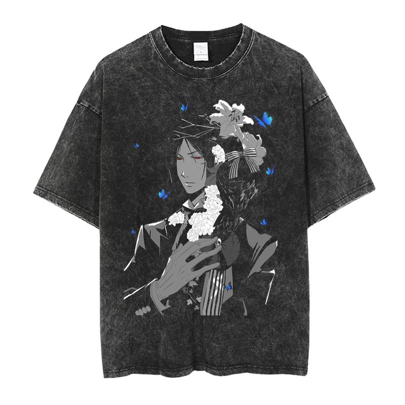 T-shirt Stampata Cool con Personaggio Michaelis Sebastian di Black Butler per Uomo Donna Magliette in Cotone Manga T-shirt Lavata Vintage T-shirt Maschile Harajuku