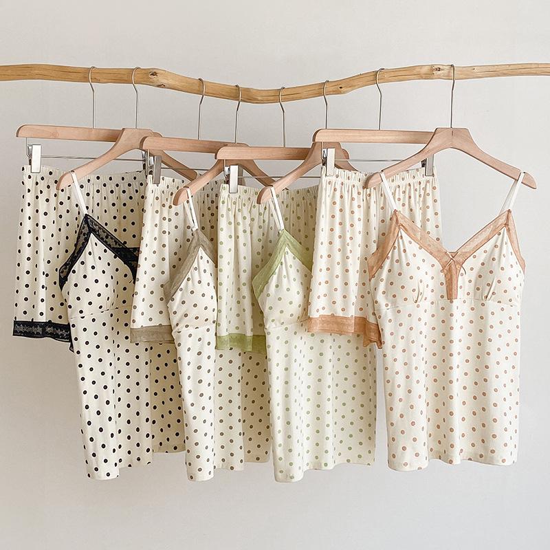 Girly Polka Dot Modal Camisole Pajama Set with V-Strap and Padding - Comfortable Summer Homewear