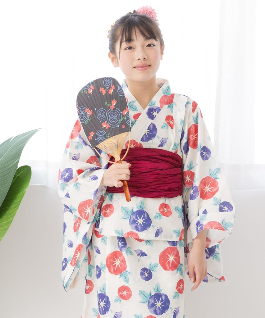 chil2 Kids Yukata 3-Piece Set Girls Children Top Bottom Sash Cotton Dress