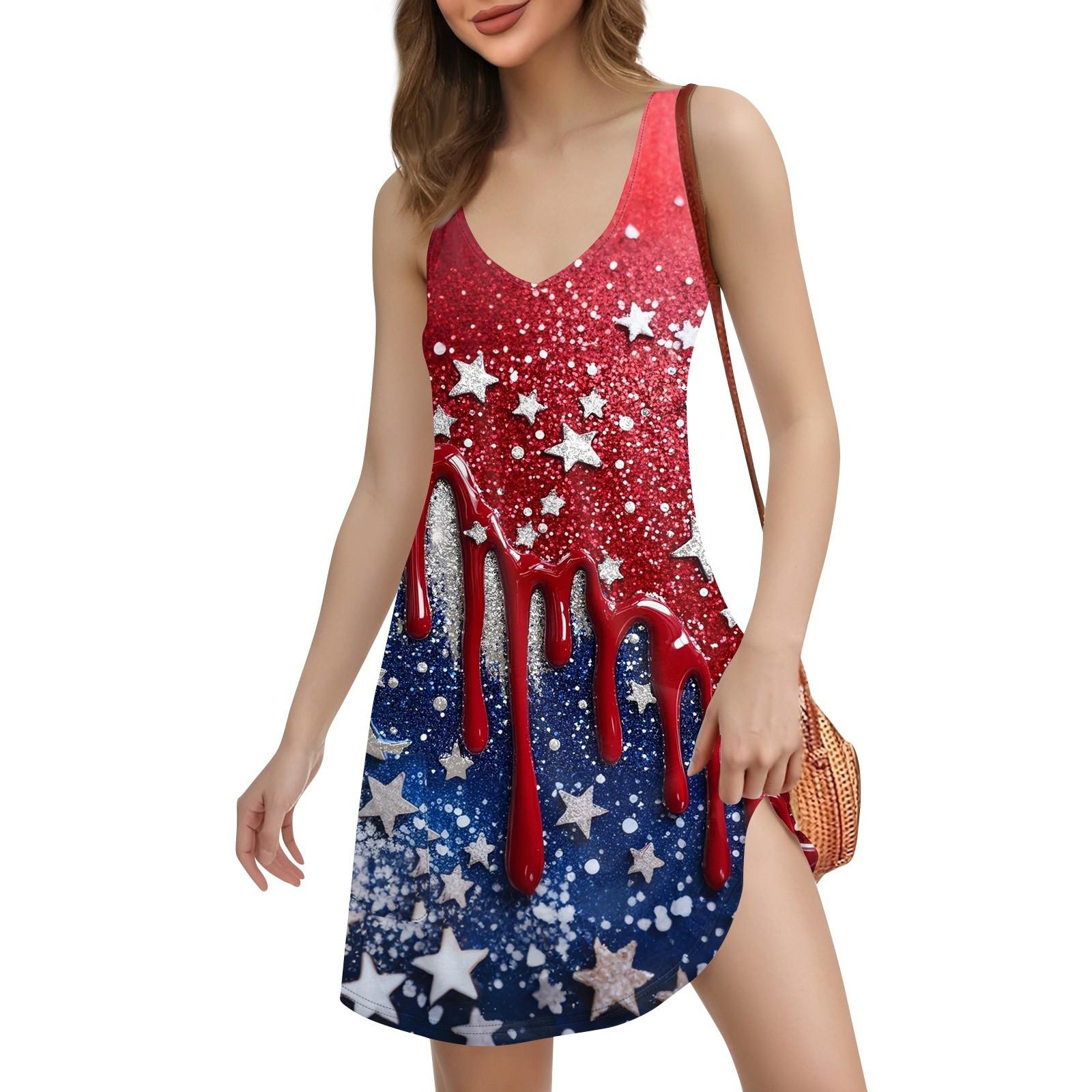 

Women s Casual Print Bohemian Beach Dress With Pockets V Neck Tank Dress M красный