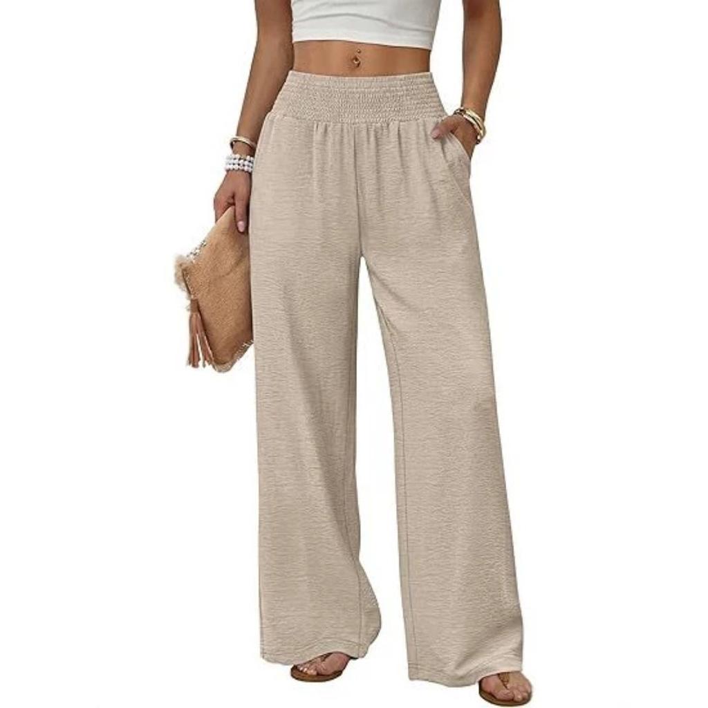 Damen High Waist Geraffter Elastischer Bund Weiter Bein Lockerer Schnitt Freizeithose