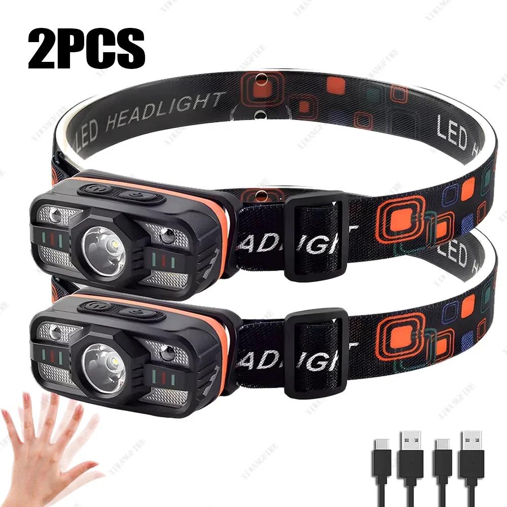 Rechargeable LED Headlamp Sensor Headlight With COB and LED Beads 6 Lighting Modes White and Red Light Fishing Light