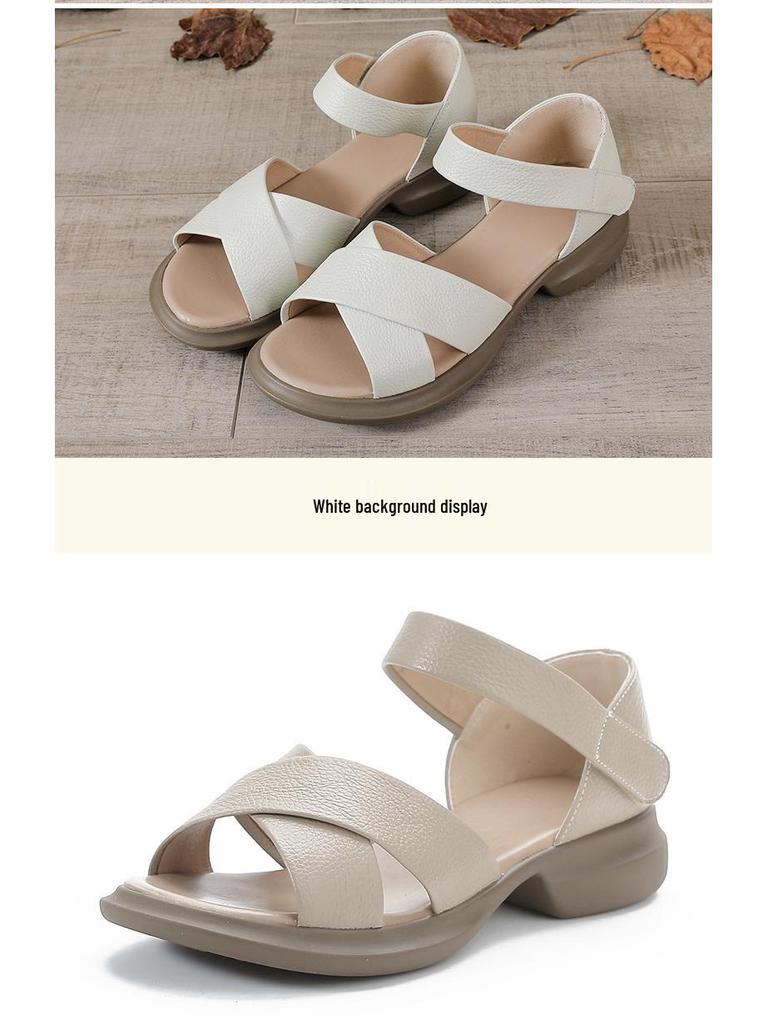 Women's Genuine Leather Chunky Heel Sandals for Wide Feet - Casual Summer Cowhide Shoes