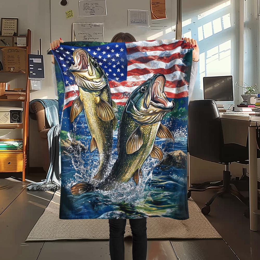1Pc American Bass Fishing Print Flannel Blanket, High quality Comfortable for All Seasons, Home Decor, Warmth and Comfort, Perfect for Christmas Gifts