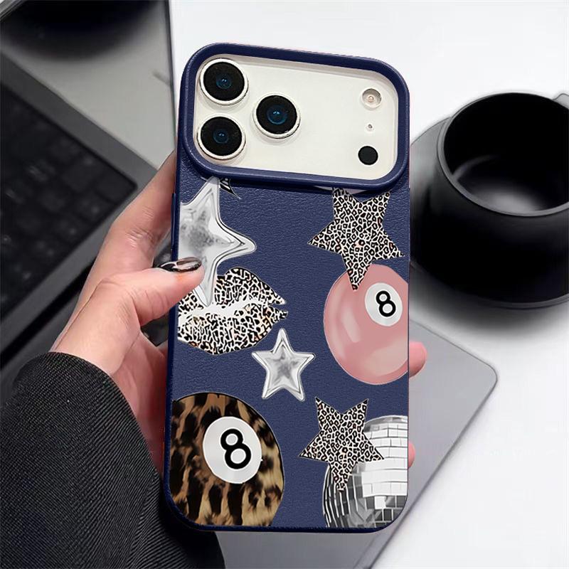 Vintage Leopard Print Stars Billiards Case For iPhone 17 Pro Max iPhone 16 Pro Max 15 14 13 12 11 16E Air Luxury Leather Texture Silicone Cover