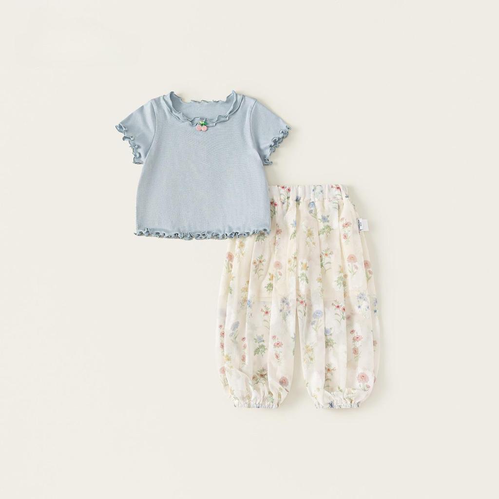Children's Clothing Girl Two-piece Set with Flowing Fungus Edge, Short Sleeved Mosquito Proof Pants, Girls' Summer Set