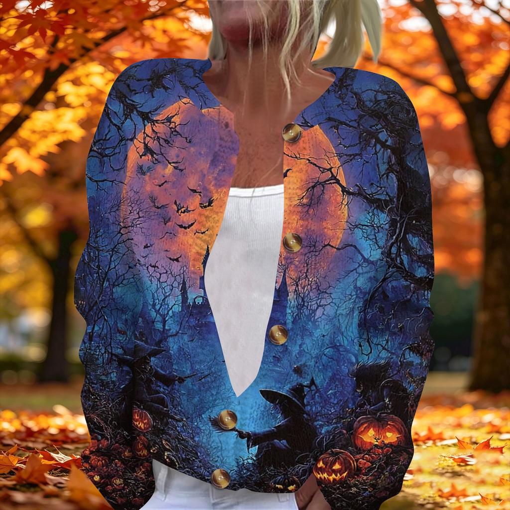 Women's Long Sleeve Knit Cardigan with Halloween Print Button Front