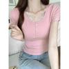 T-Shirt für Damen im koreanischen Stil, einfarbig, halboffener Kragen mit Spitzeneinsatz, Kurzarm, rechte Schulter, reiner Lust, hoher Taille, schlank, Hot-Girl-Sommeroberteil