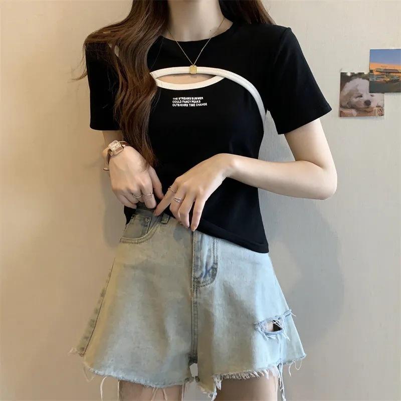 

Футболка с короткими рукавами Chic Letter Print для женщин - лето 2024, большой размер, утягивающий дизайн XL (115-130 jin)