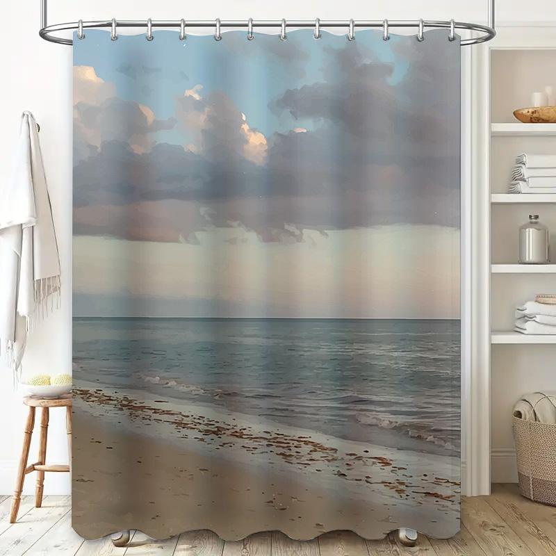 Beach Shower Curtain Waterproof Bath Mat Decor with Cloudy Sky Seaside Print for Home Decoration In Various Sizes