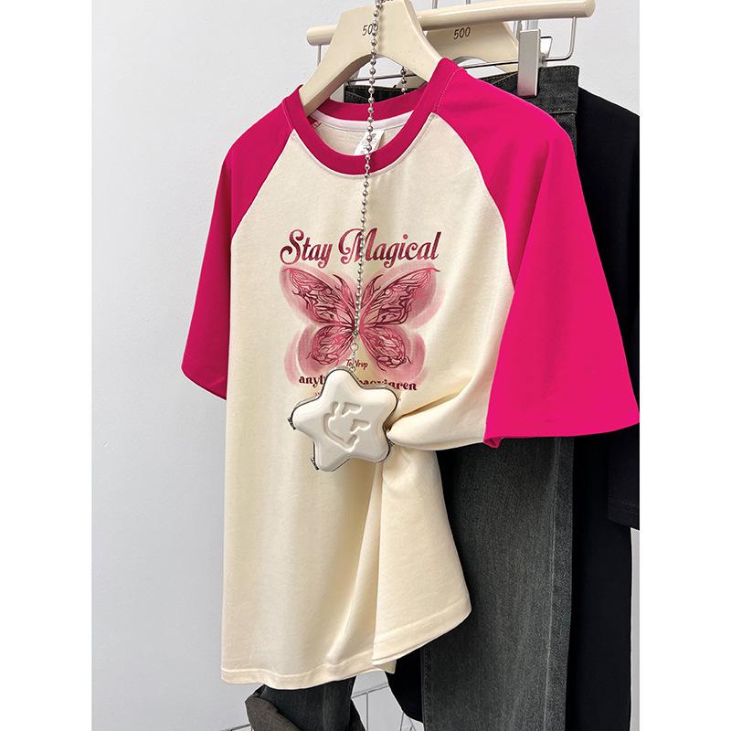 

Women s 2024 Summer Raglan Sleeved Color Block Loose Fit Pure Cotton T-Shirt Small