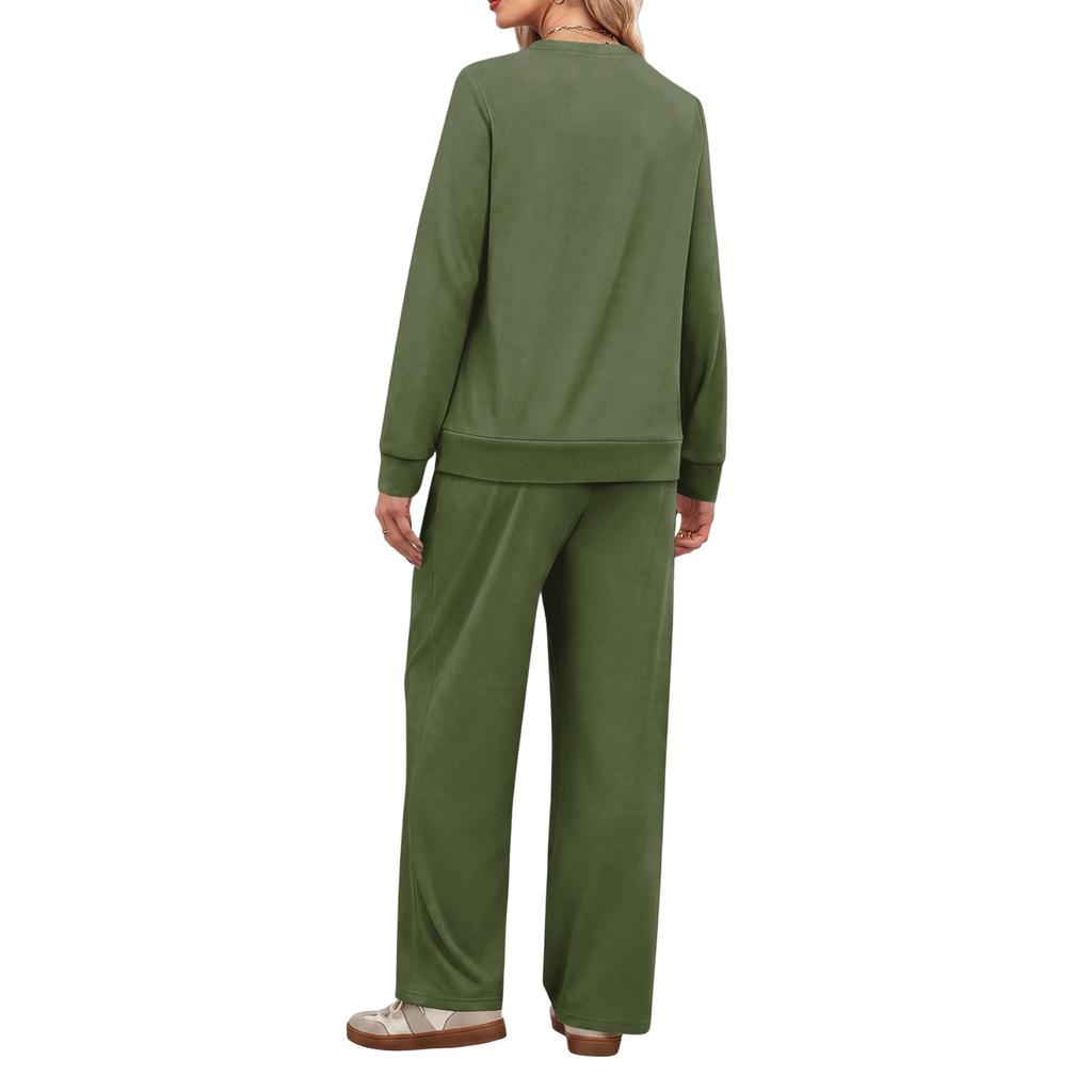 Women's Casual Round Neck Loose Fit Color Sweatshirt and Jogger Pants Set