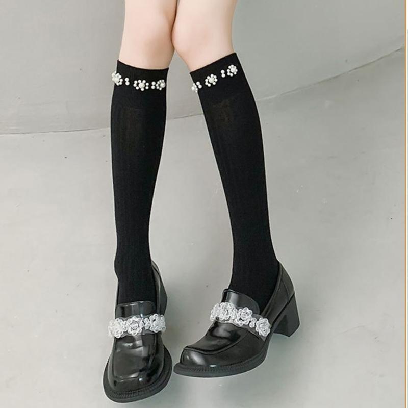 Simple Pearl Knee High Socks Cotton Calf Socks Sweet Knee High Stockings Lolitas Princess Socks for Womens Girls Gifts