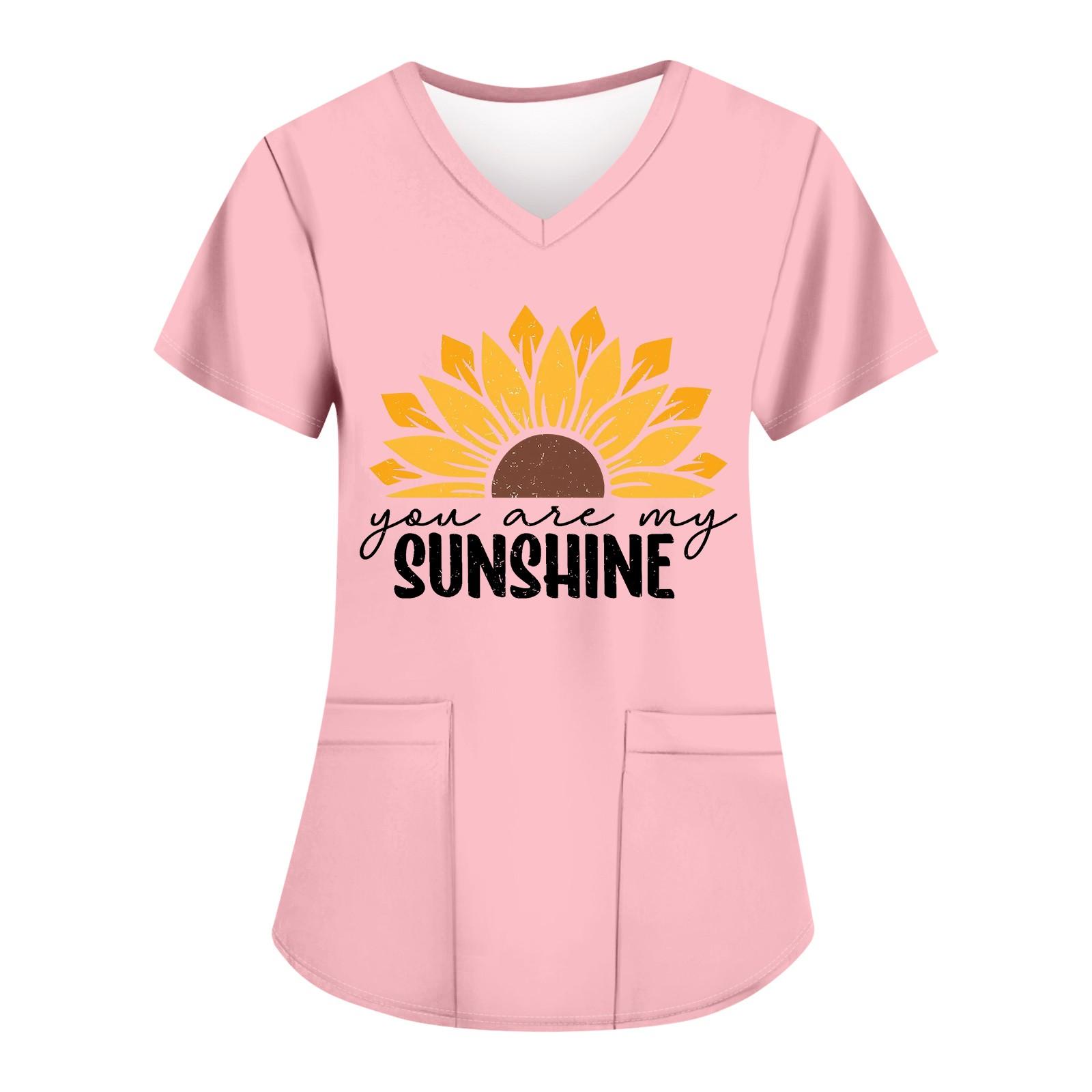 

Жіночі модні робочі футболки з принтом і V-подібним вирізом з короткими рукавами та кишенями L рожевий