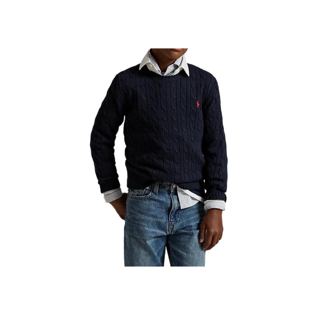 Svetr Polo Ralph Lauren Jednobarevný Kulatý výstřih Logo Dlouhý rukáv Ležérní Dětské topy Modrý 323702674-060