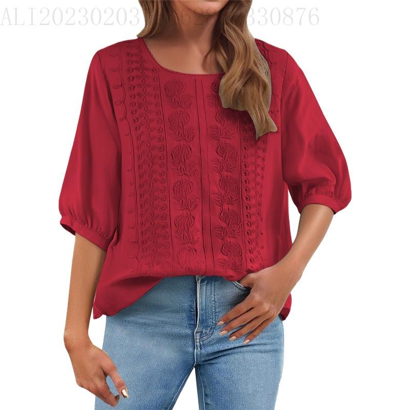 Summer Elegant Embroidery Loose Women Blouse Large Size Casual T-shirt Loose Simple Office Solid Color Fashion Elegant O Neck Sweet Shirts Clothing