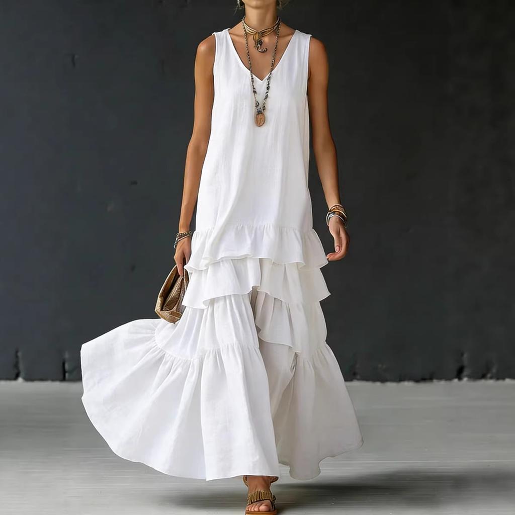 Vestido sin mangas para mujer con cuello en V y volantes en cascada, moda de primavera, casual, nuevo, color liso, holgado, dobladillo ancho, vestido largo