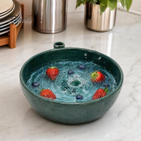 Durable Ceramic Wash Basin Self Rinsing Bowl, with Hollow Drain Holes, Swirl-Flow Berry Kitchen Draining Bowl Washing Fruit Rinse for Counter