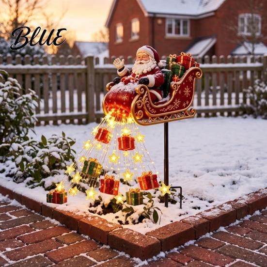 Decorative Iron Garden Stakes Santa Sleigh Figurine Light, Solar Powered Christmas Stake Festive Holiday Lawn Ornaments Pouring Gifts Stars Light for