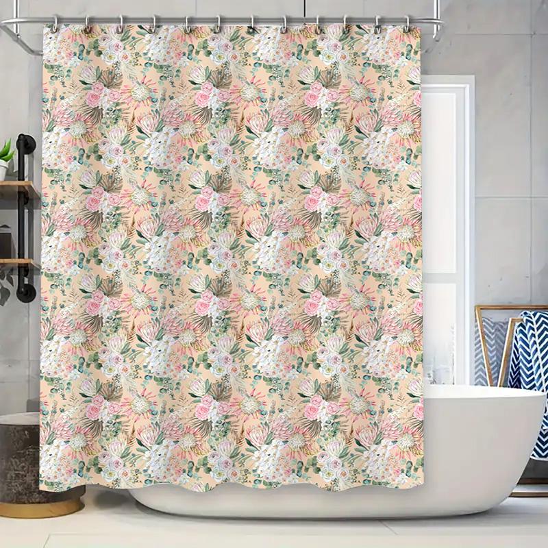 

Vibrant Floral Bath Shower Curtain Peach Pink White Green Decorative Rug Cloth Waterproof For Home Bathroom Wall Hanging Size 69 W60H190(CM)-1 Pcs
