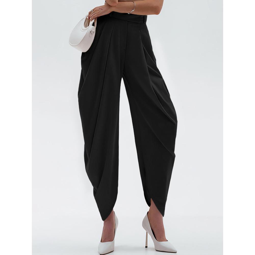 Women s High Waist Pleated Asymmetric Cropped Tapered Pants Solid Office Commuter Casual Trousers S