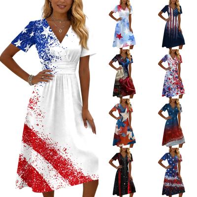Damen Freizeitkleid mit V-Ausschnitt und kurzen Ärmeln mit Sternenprint, Unabhängigkeitstag-Stil, Midi-Länge, Sommerkleid für den Alltag